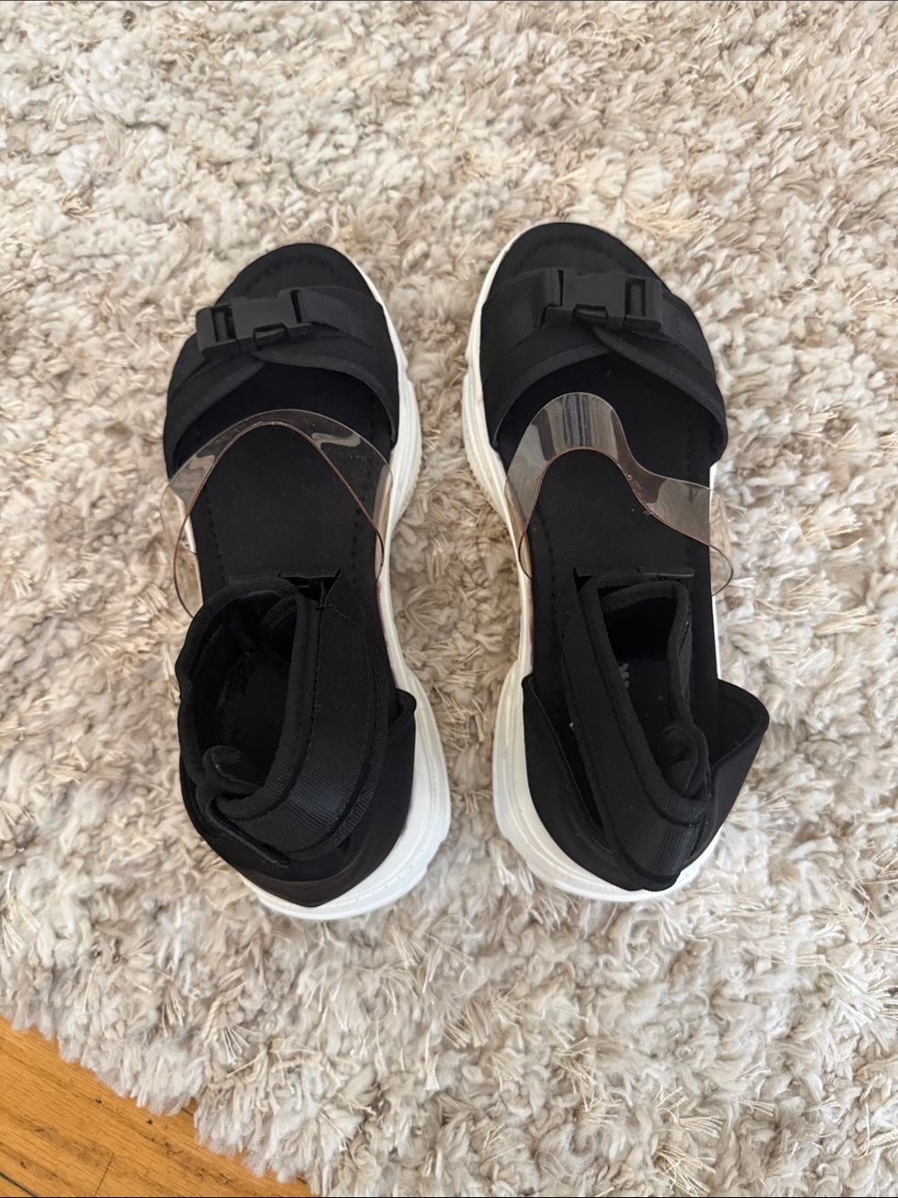 Fashion Nova Black Sport Sandals with Clear Accent Strap